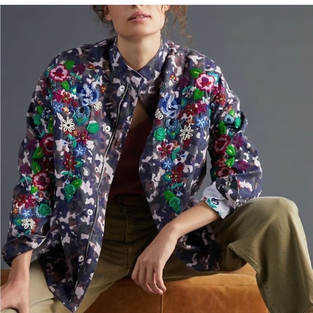 Anthropologie Vilagallo Embroidered Camo Jacket Size S